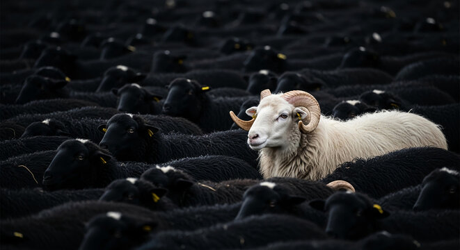 A white ram with large horns stands out among a flock of black sheep, symbolizing individuality, leadership, and distinction in a crowd