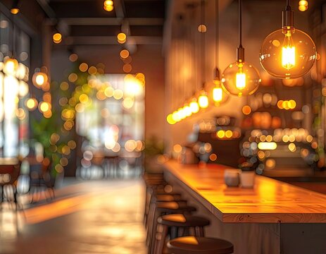 A cozy and inviting cafe interior with warm lighting and a wooden counter.