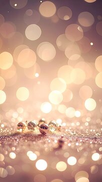 A close-up shot of golden Christmas baubles on a bed of glitter with soft bokeh lights.