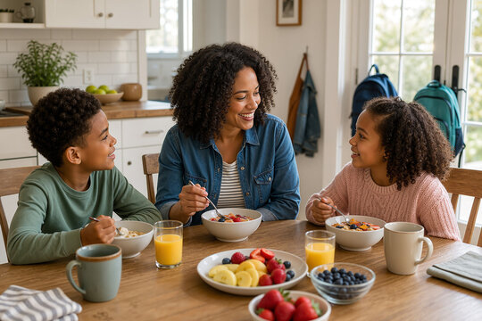 Family breakfast with mother and children enjoying vibrant bowls of fruit and yogurt at wooden table. Breakfast includes fresh berries, bananas, and orange juice,