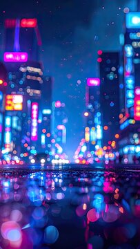 A vibrant cityscape at night is illuminated by a dazzling array of neon lights and reflections.