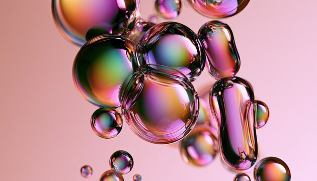 Iridescent, translucent spheres and oblongs float against a soft pink gradient