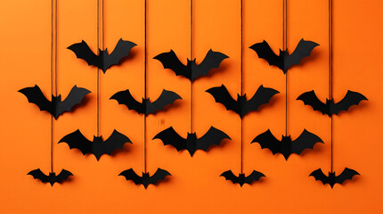 Fototapeta premium Black bat silhouettes arranged in a diagonal pattern on orange background