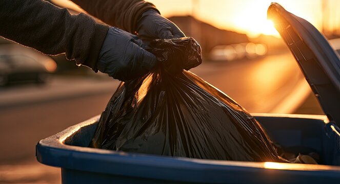 Gloved hands place full black trash bag into open blue bin at sunset