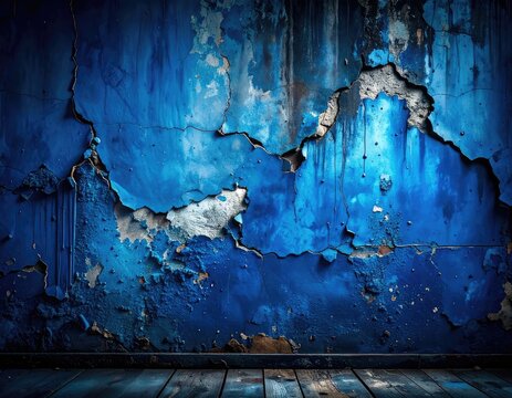 A cracked and peeling blue textured wall with a wooden floor.