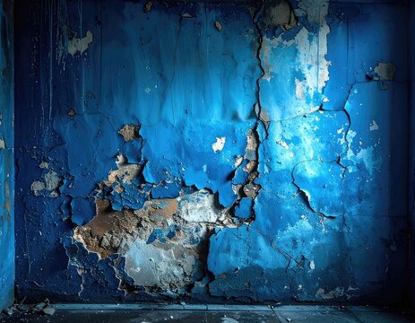A close-up of a blue wall with peeling paint and visible cracks.