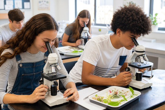 Students engaged in science class examining samples through microscopes, focusing on biology and plant life. Students analyze samples of plants on trays with enthusiasm for science education.