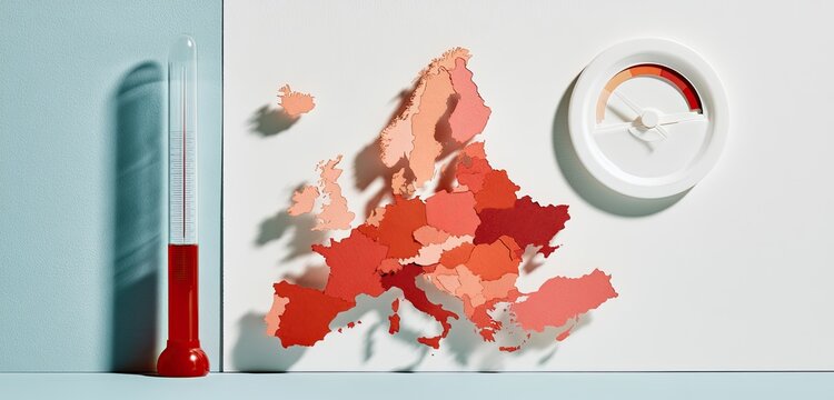 Paper cutout map of Europe with varying red tones beside a thermometer and gauge