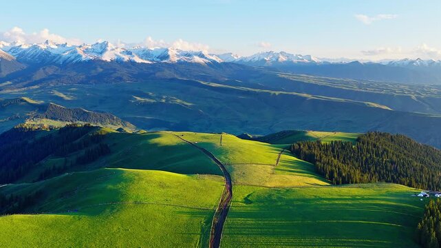 Aerial view of rolling green hills and snow-covered peaks during golden hour in Kalajun Grassland, Ili, Xinjiang, China