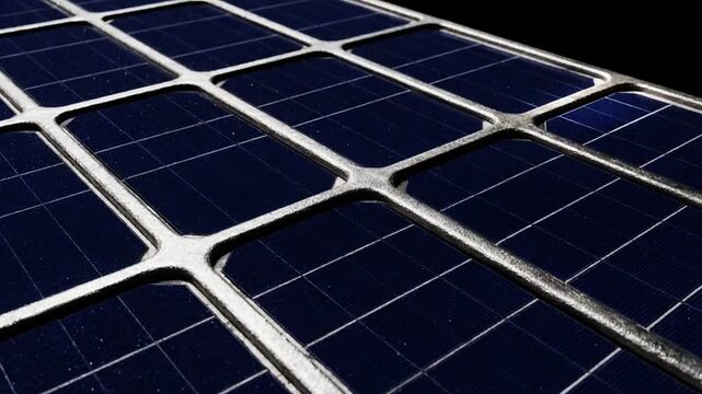 Macro solar panel grid surface, large distinct rectangular pattern, thick metallic lines, static, dark background