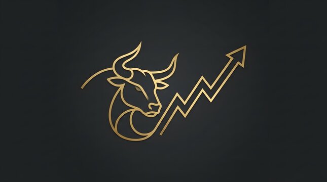 Golden bull head profile silhouette integrated with an ascending financial arrow growth chart illustration creates a sophisticated symbol for modern stock market trading and investment success