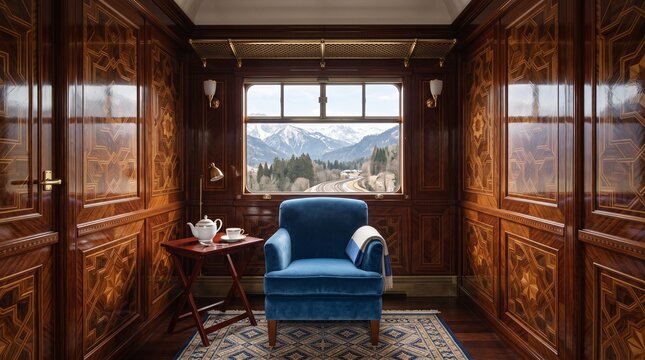 Luxurious vintage train cabin featuring intricate wood paneling and plush blue velvet armchair for high-end scenic travel ads.