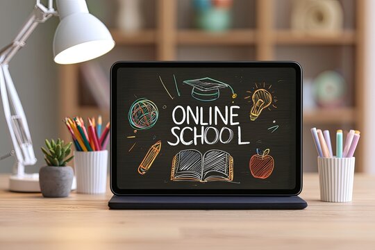 Tablet displays "ONLINE SCHOOL" with various educational doodles on a desk