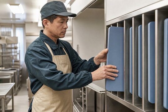 洗浄後のまな板をラックへ収納する男性作業員