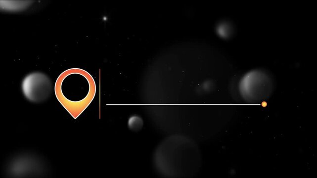 Three orange map location pins with horizontal lines on dark abstract background for digital infographic presentation with background floating particles markers connected horizontal