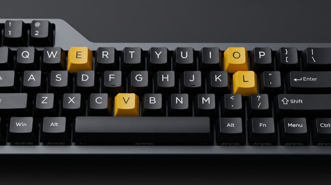 Close up of a modern mechanical keyboard with black keys and highlighted yellow keycaps spelling out the word LOVE, dark background
