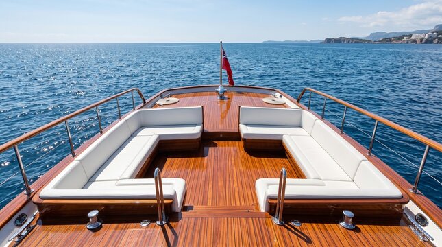 Luxury wooden yacht deck featuring white leather seating and teak flooring overlooking the calm blue ocean for premium travel.