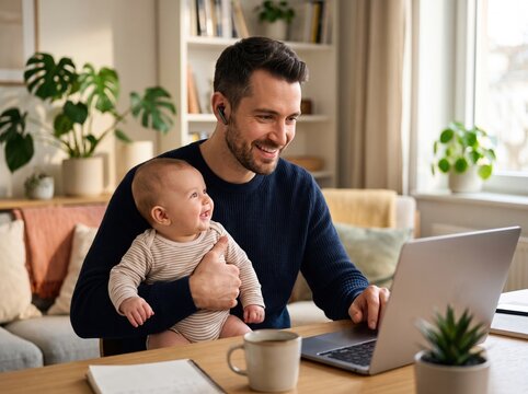 Smiling father wearing earbuds holds a baby while working on a laptop at home; coffee mug and notebook on the table, sofa and houseplants behind