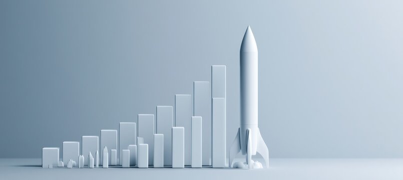 Minimal infographic illustration showing a white rocket launch alongside ascending business bar charts.