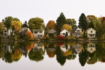 Fototapeta premium Lakeside homes with colorful autumn foliage reflected in calm water