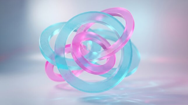 Abstract 3d render featuring interconnected glowing rings in vibrant blue and pink colors creating a dynamic motion effect against a soft light blurred background