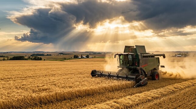 Combine harvester cutting ripe grain in a golden field, dust cloud trailing behind, with dramatic storm clouds and sun rays breaking through over rolling farmland