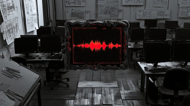 A red audio waveform pulses within a distorted, ornate frame in a dark, empty computer lab