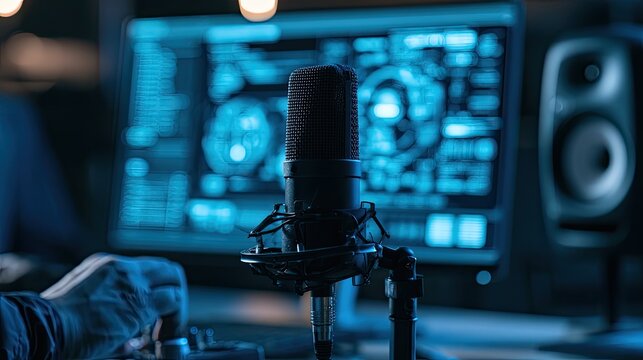 Close-up of a microphone in a dimly lit studio with a glowing computer screen