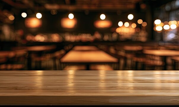 Warm, blurred interior with wooden tables and glowing lights