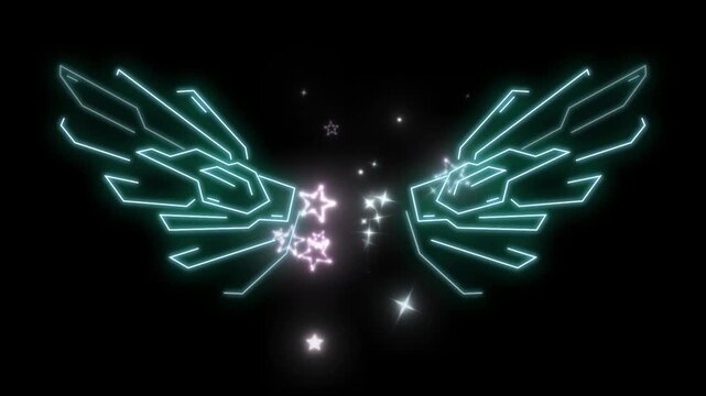 Animated neon wings and glittering stars on black background with expanding outward sparkling video displays glowing glowing cyan animation geometric abstract template