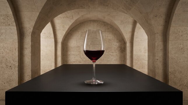Elegant glass of red wine on a black table inside an ancient stone vaulted cellar, perfect for luxury lifestyle and winery branding.