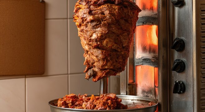 A vertical spit of seasoned meat rotates over glowing heat, drippings falling