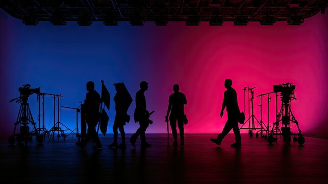 Silhouettes move across a vibrant, color-shifted studio backdrop