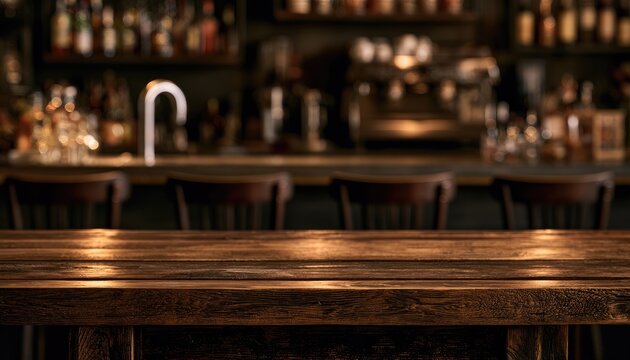Warmly lit, empty wooden bar counter with blurred bottles and seating