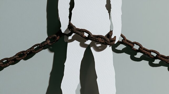 Silhouette of a person bound by thick, rusty chains
