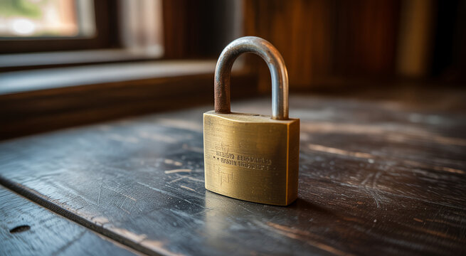 Sturdy brass padlock resting upon rustic wooden surface representing security and protection concept for personal belongings item.
