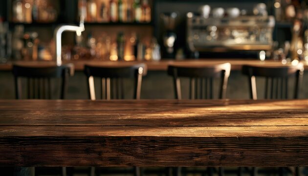 Warmly lit wooden counter in a cozy bar with chairs and bottles