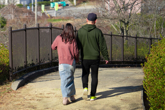 Rear View of a Couple Walking Together on a Park Path