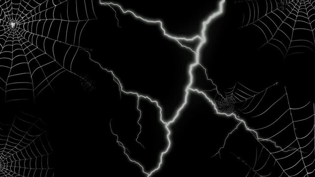 Spooky lightning bolts flashing behind intricate spider webs against dark background for halloween theme with striking repeatedly behind dark mysterious atmosphere bright electric lightning