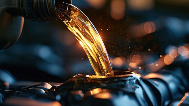 Golden liquid pours from a spout into an engine component