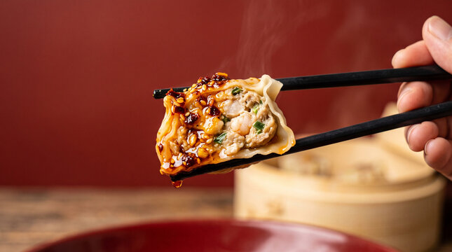 Steamed dumpling siomai with chopsticks