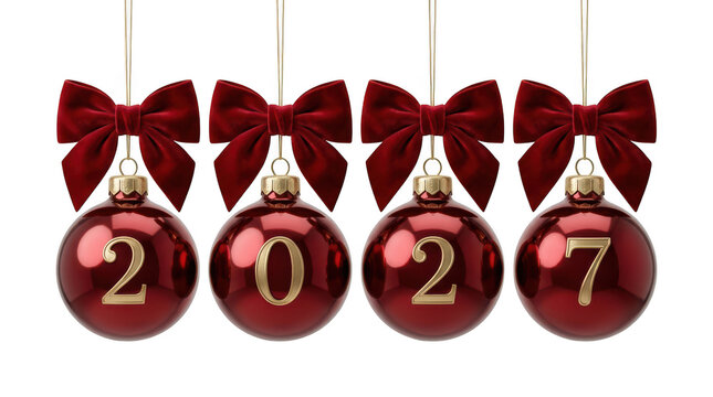 Four red christmas ornaments showing the year 2027 isolated on transparent background