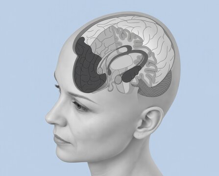 Human brain anatomy inside female head showing cerebral cortex limbic system and major brain regions
