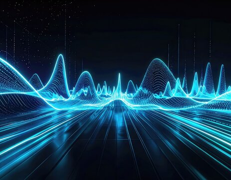 Abstract visualization of digital sound waves or data streams.