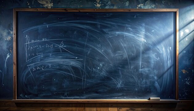 A well-worn chalkboard covered in faint chalk marks and a single piece of chalk rests on the ledge.