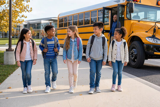 Happy children walking happily from school bus in autumn. Group of diverse kids with backpacks enjoying time together while walking in school campus during fall season.