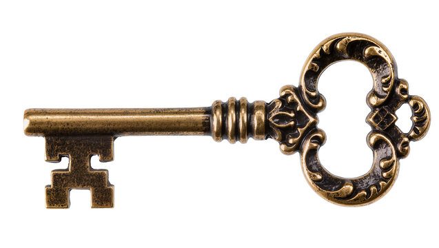 Antique ornate brass skeleton key with decorative bow, isolated on transparent background