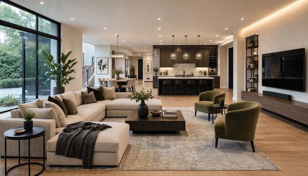 Minimalist open living room featuring clean lines, warm textures, and cohesive contemporary interior design.