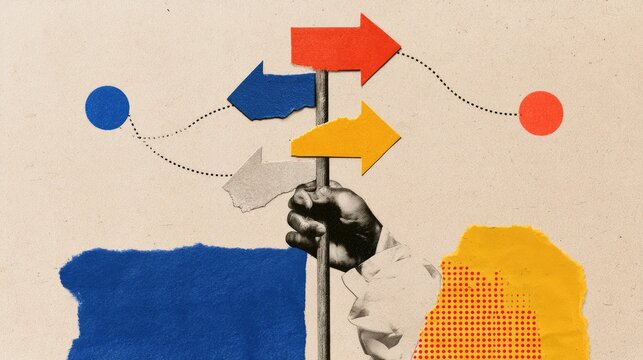 Torn paper collage of a hand holding a post with colorful directional arrows and dots