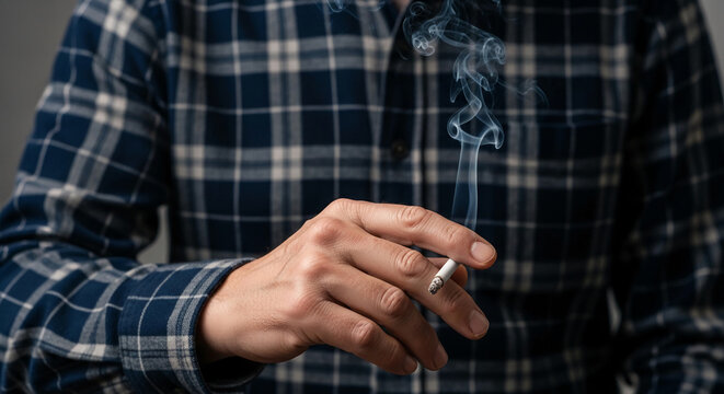 Hand holding a lit cigarette with smoke rising, against a plaid shirt background, symbolizing a moment of pause or contemplation.